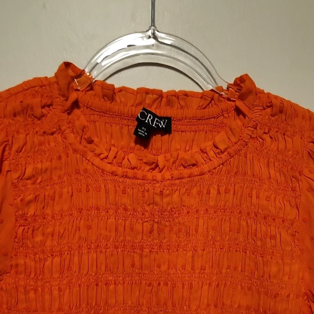J. Crew Stretchy Bright Orange Smocked Blouse Puff Sleeves Ruffle Crew Collar - Picture 4 of 7